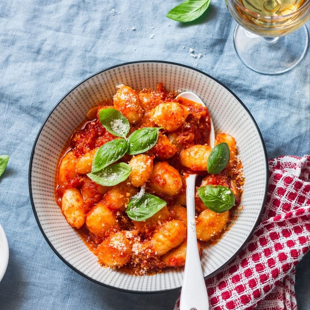 Italian dish, tomato and mozzarella gnocchi bake